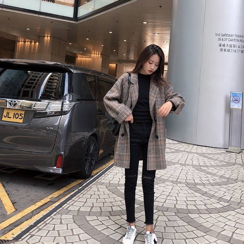 Women's Plaid Woolen Coat Autumn Winter Turn-down Collar Button Large Size Overcoat Warm Long Sleeve Outwear Female Jackets 201030