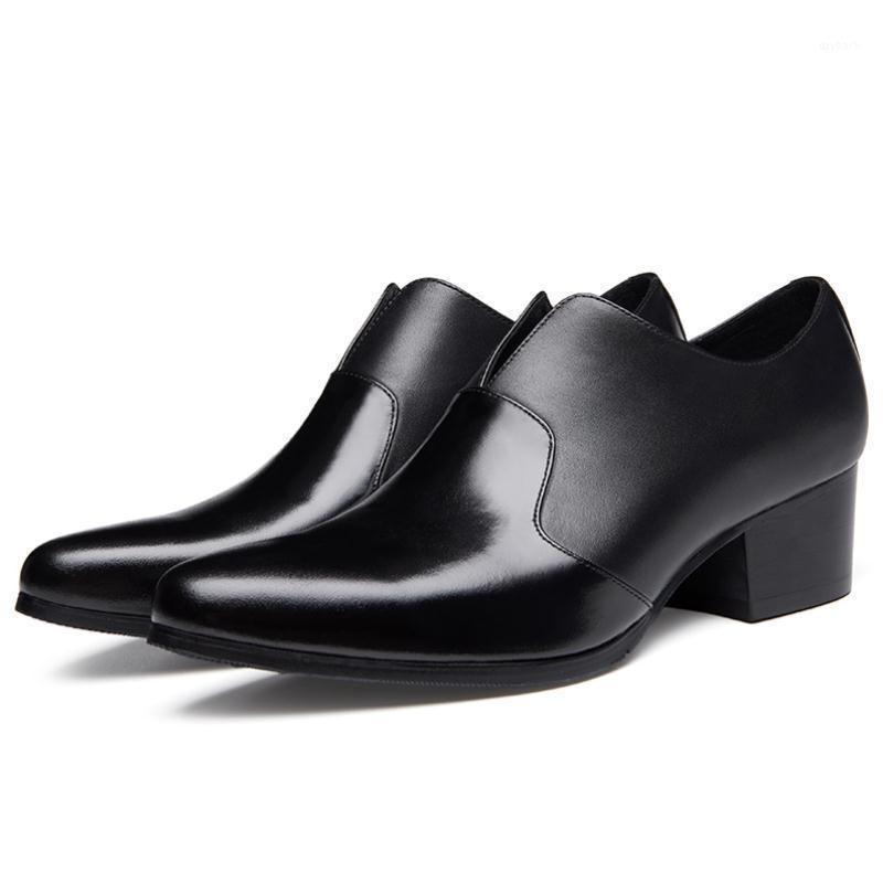 Genuine Leather Business Dress Men Shoes High Heels Trendy Patchwork Pointed Toe Wedding Shoes Career Work Height Increase1, Black low heel