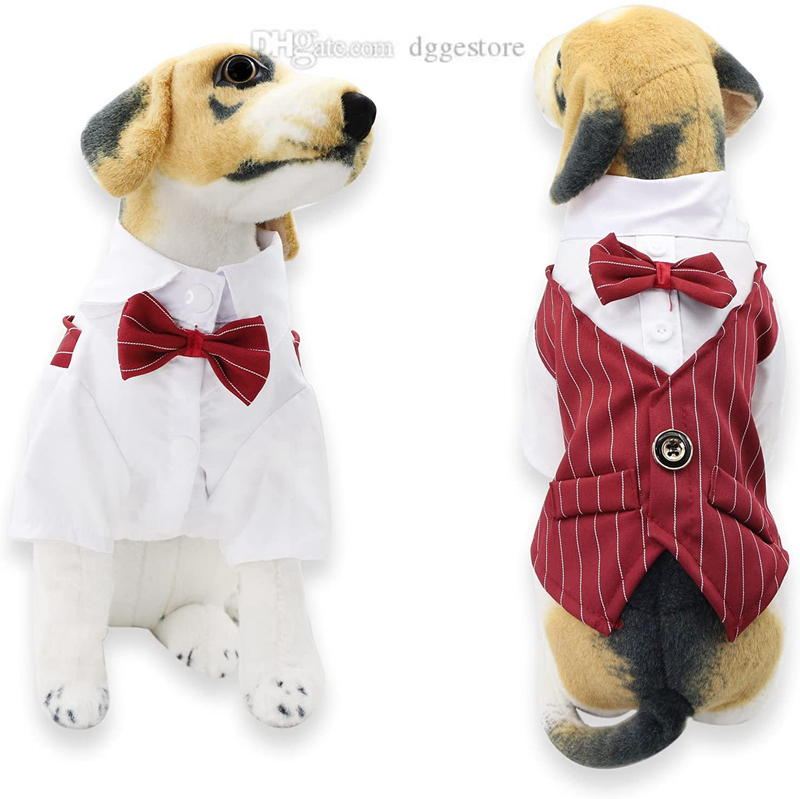 Gentleman Wedding Suit Formal Shirt Bowtie Tuxedo Dog Apparel Pet Halloween Christmas Costume Striped Dogs Clothes with Tie for Birthday Party Wine re