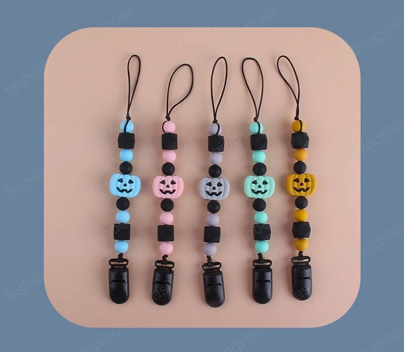 new Halloween silicone pacifier clips chain+baby teether 2pcs/set Cartoon Holder Clip Bead Chains Feeding teething beads