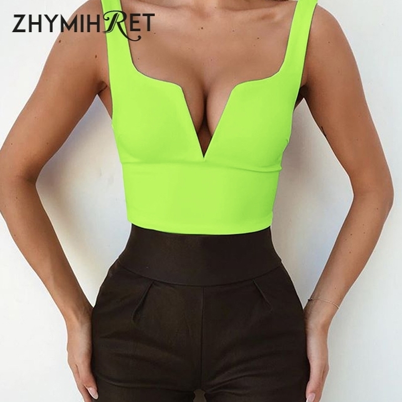 

ZHYMIHRET Sexy V Neck Tank Tops Neon Color Festival Crop Tops Women Camis Summer Cropped Side Zipper Top Haut Femme Streetwear Y200824, White