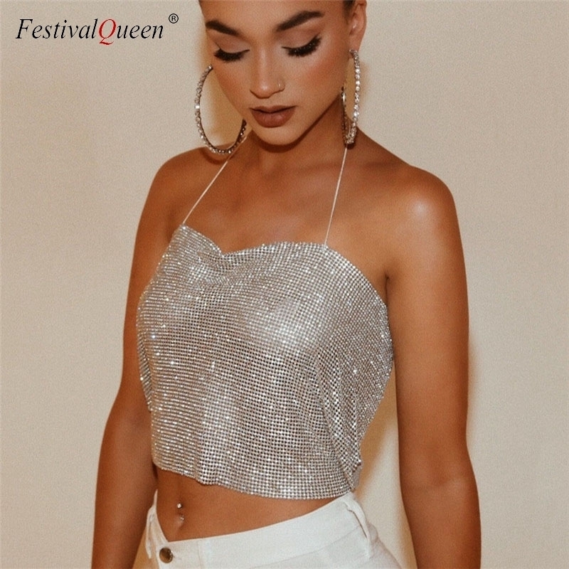 Women Sexy Crop Top Backless Bling Metallic Sequin Shiny Gold Tank Top Vest Rhinestone Night Club Party Chain Camisole T200728