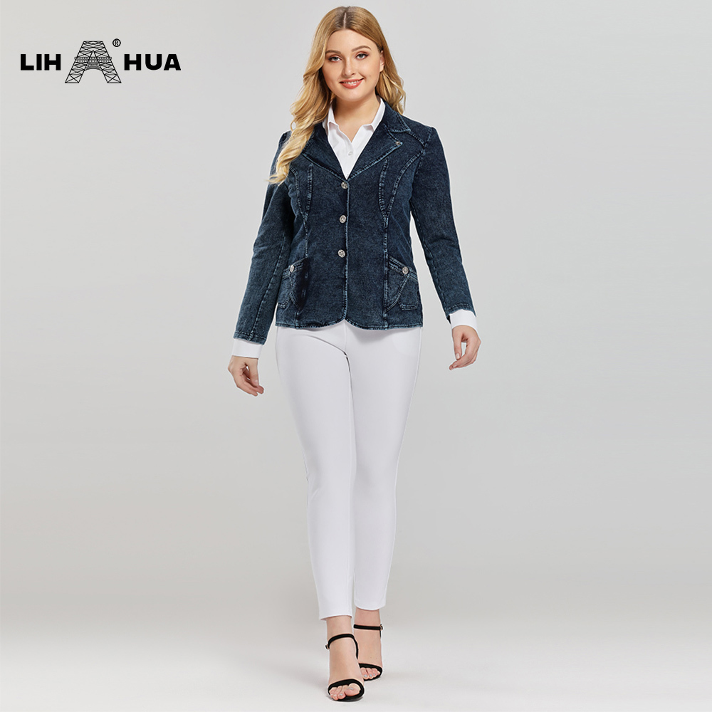 LIH HUA Women's Plus Size Casual Fashion Busine Denim Suit Premium Stretch Knitted Slim Fit Jacket 201114
