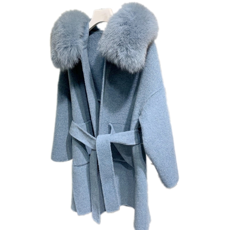 Korea style female medium long loose wool trench coat with real fox fur trim hoodie selling oversize wool cardigan cloak 201216