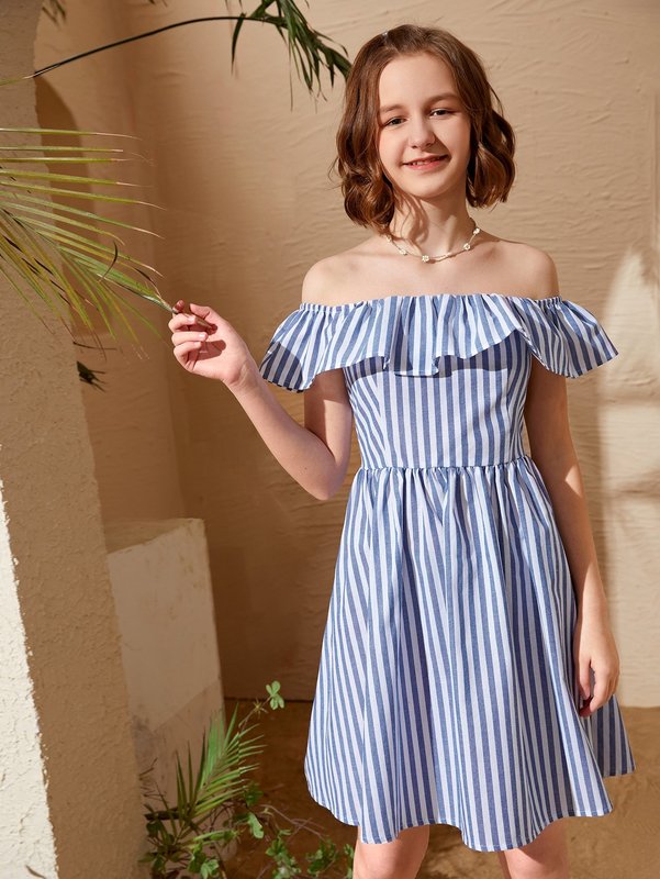 Teen Girls Ruffle Off Shoulder Striped Pattern Dress SHE