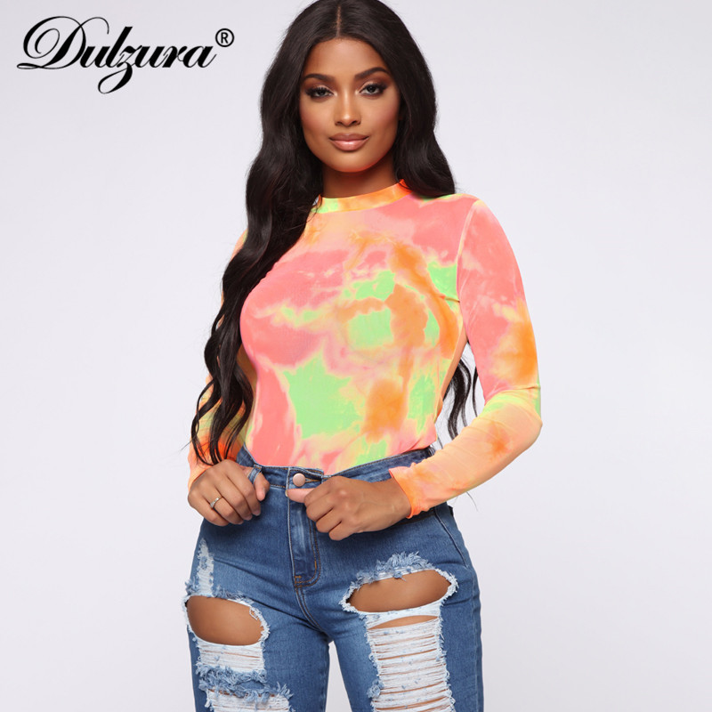 Dulzura 2019 autumn winter women bodysuit tie dye long sleeve streetwear festival clothes body office rompers bodycon T200116