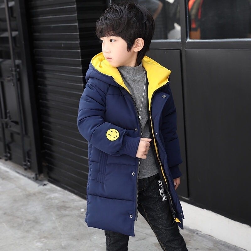 4-14y teens for boys Overcoat thick warm fur collar long boy's clothes kids hooded jacket cotton coat LJ201125