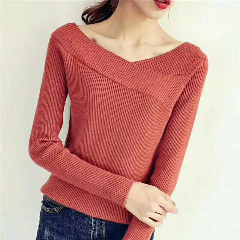 V Neck Twisted Back Sweater Women Jumpers Autumn Pullovers Casual Tops Long Sleeve Knitted Sweaters Off Shoulder pull femme 201221