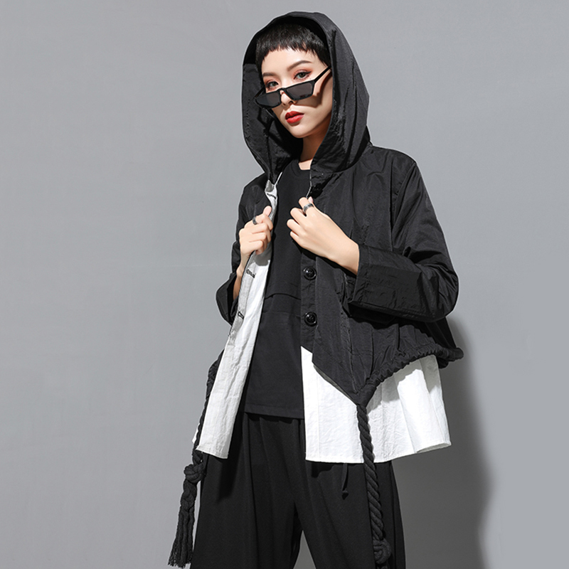 EAM Autumn Hooded Collar Long Sleeve Spliced Big Size Drawstring Button Loose Jacket Women Coat Fashion JY906 201017