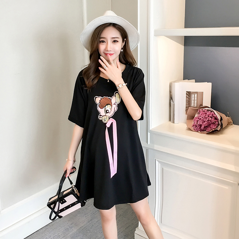 Maternity Clothes Summer Cotton O Neck Cartoon Short Sleeve Loose Stylish Dress for Pregnant Women Mom Dress LJ201125