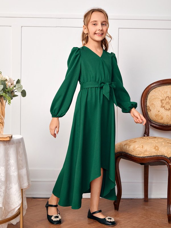 Girls Lantern Sleeve Asymmetrical Hem Belted Dress SHE
