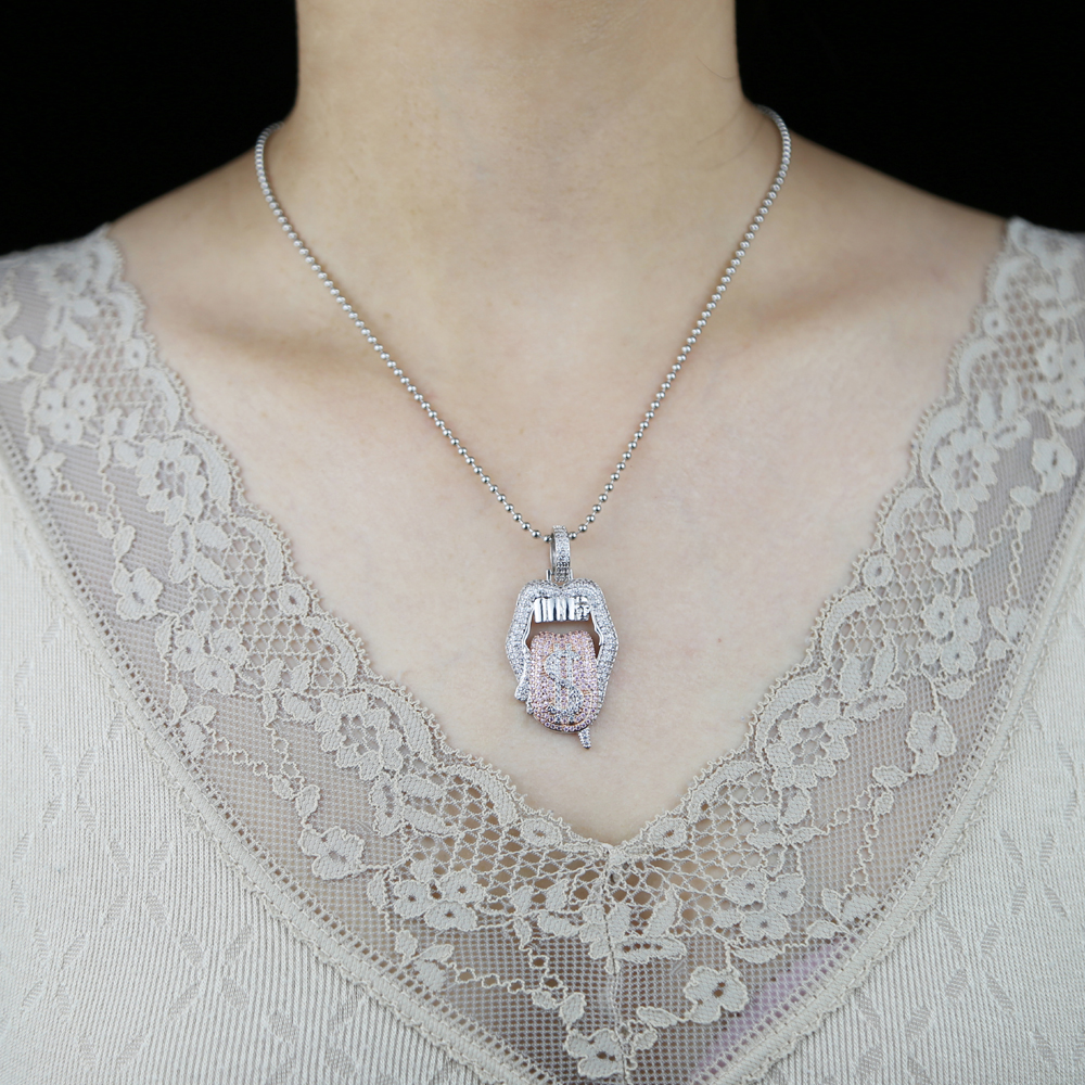 New All Hallows' Day Gift Jewelry For Women Iced Out Bling CZ Tennis Chain Tongue Pendant Drip Dollar Lip Necklace