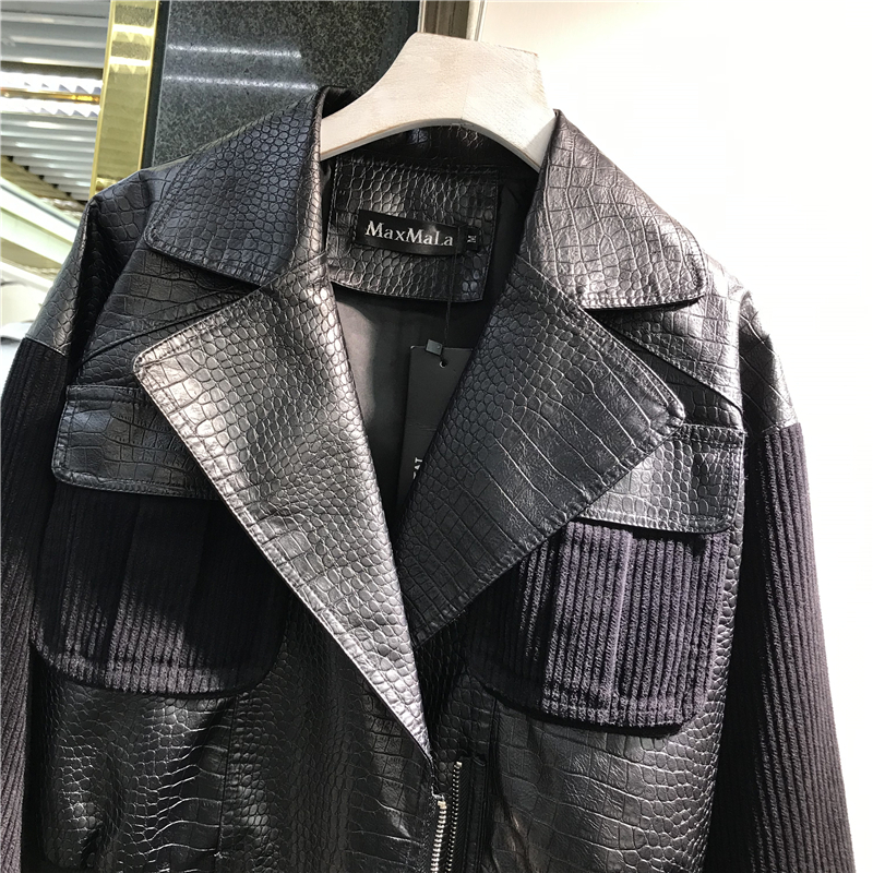Cotton Pit stripes Stitching Faux PU leather jacket Women Autumn Short Plus size motorcycle Biker leather coat Female Streetwear 201020