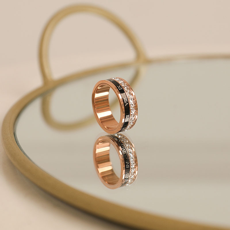 Rotatable Black Roman Numerals Circle Ring Square Cubic Zirconia Rose Gold Rings Jewelry