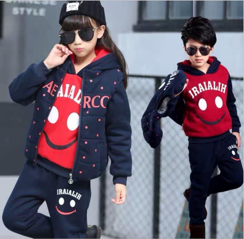 Children plus velvet three-piece suit autumn and winter thickened small middle-aged big boy boy girl child kid set 10 years old LJ201202