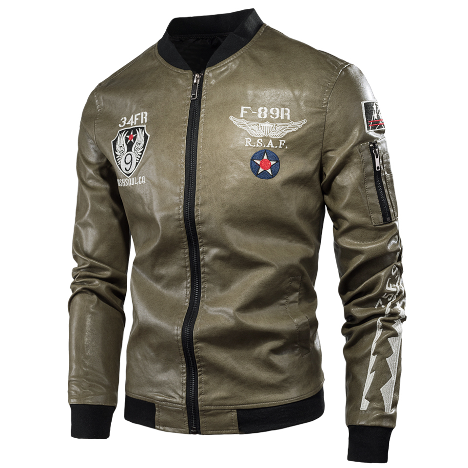 Men Autumn New Casual Motorcycle Vintage Leather Jackets Coat Men Fashion Biker US Army Bomber Embroidery PU Leather Jacket Men 201119