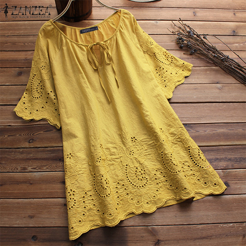 Summer Top Women Embroidery Blouse ZANZEA Fashion Tunic Hollow Casual Blusa Female Short Sleeve Shirt Plus Size Tunic S5XL T200322