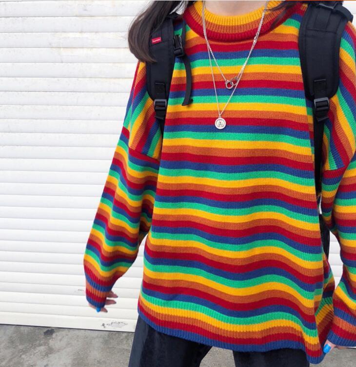 Colorful striped sweater women's autumn and winter loose round neck thick knit top 201023