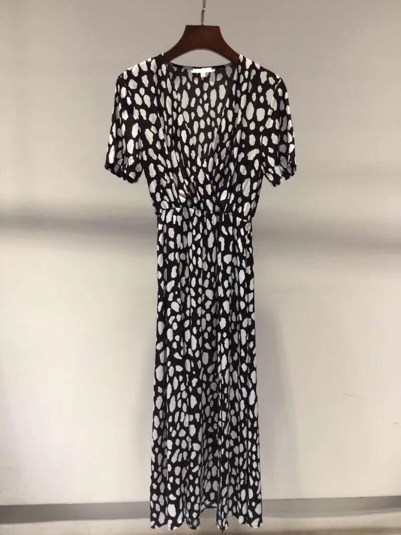 women long skirt spring new deep V neck short sleeve women elegant print split long skirt T200113