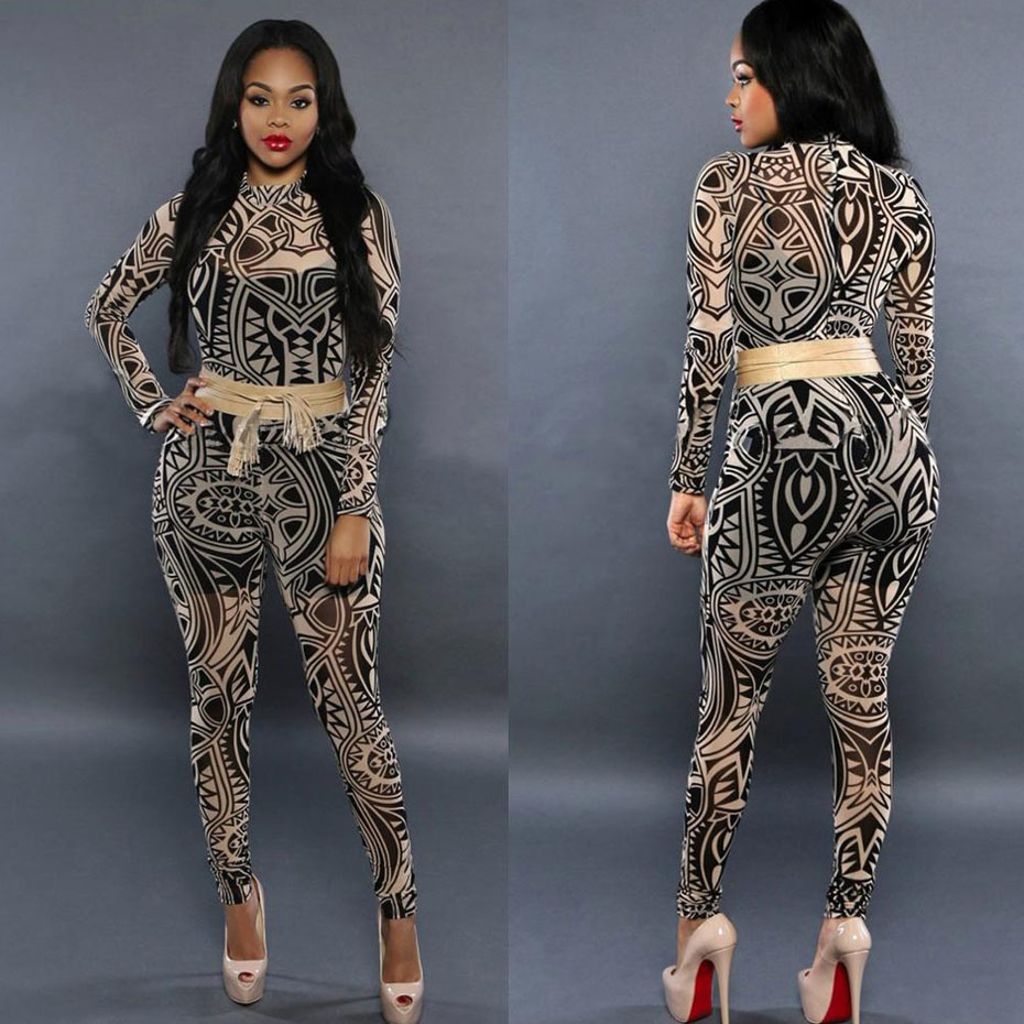 Fashion Women Jumpsuits Tattoo Bandage Pattern Printed bodysuit full length sexy skinny Jumpsuits for women body T200303
