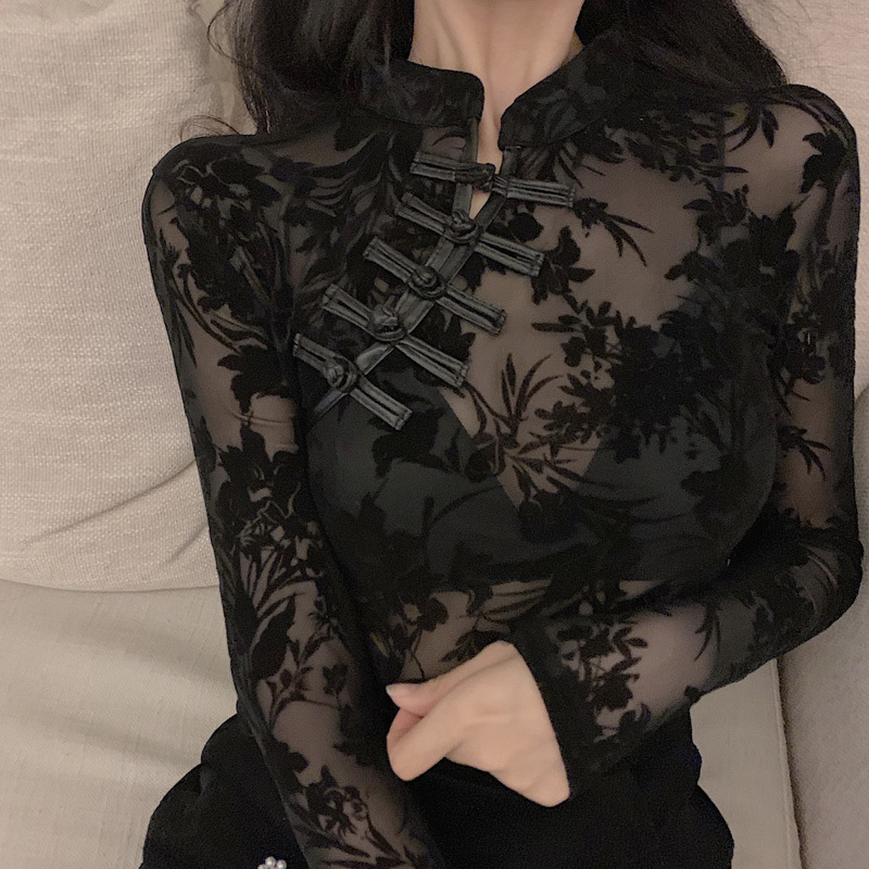 Korean New Style Chic Vintage Perspective Lace Blouse Slim Fit Cheongsam Embroidered Fashion 201126