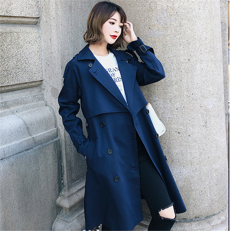 Windbreaker Female 2019 Spring Autumn New Korean Leisure Chic Loose Ladies Harbor Wind Long Trench Coat For Women Blue T200319