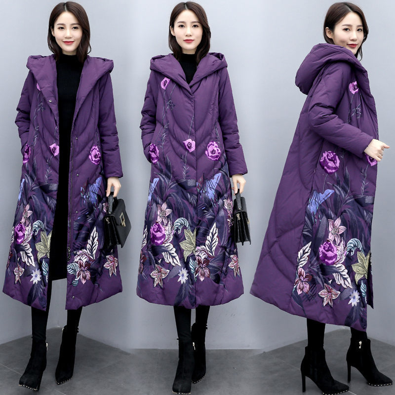 Outerwear Coats Women's Mid-length Winter Retro Hooded Padded Parka Chinese Style Printed Jacket Folk Style Clothing y075 201029