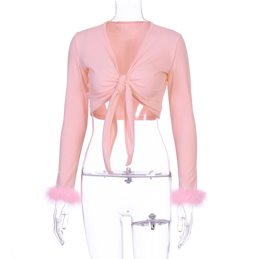 Women Long Sleeve Fur V-neck Wrapped Bandage Sexy Crop Tops Autumn Winter Women Streetwear Club Party Outfits T shirts 201028