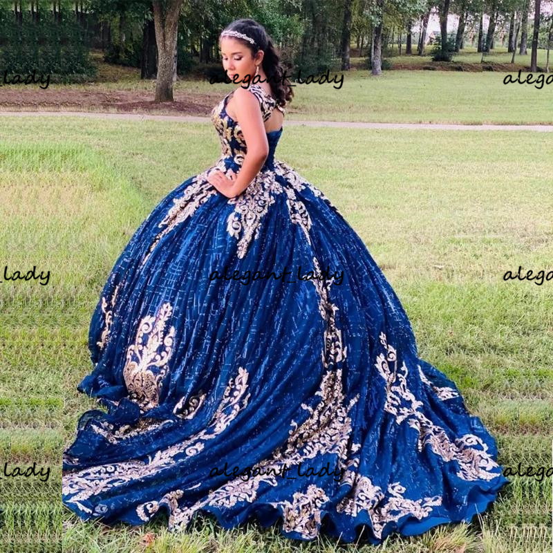 Navy Royal Blue Sequined Appliques Quinceanera Dresses Gold puffy skirt lace-up corset top Sweet 15 Dress vestidos de xv 15 años