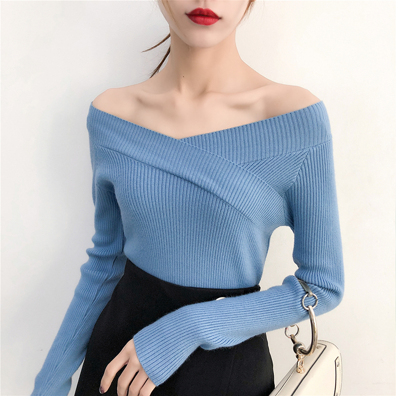 V Neck Twisted Back Sweater Women Jumpers Autumn Pullovers Casual Tops Long Sleeve Knitted Sweaters Off Shoulder pull femme 201221