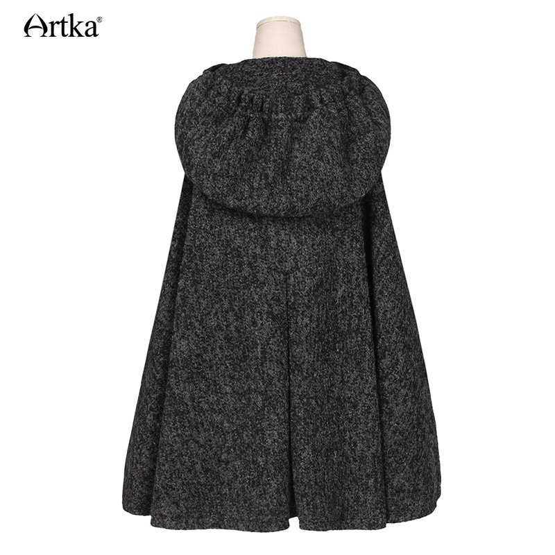 ARTKA Women's Winter New Vintage Warm Woolen Hoodie Cloak Coat Embroidered Drop-Shoulder Sleeve Wool Cape Outerwear WA10220D 201222