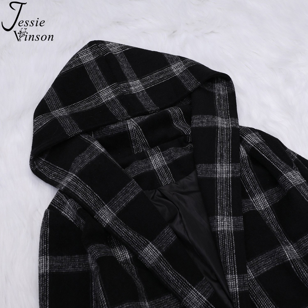 Jessie Vinson Vintage Black Hooded Plaid Long Trench Coat Women Chic High Street Belted Windbreak Trench Lady Wool Coat Winter 201016