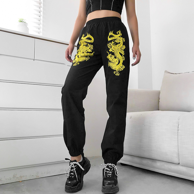 Rapwriter Fashion Dragon Print Sweatpant Summer Stretch High Waist Pencil Streetwear Cargo Jogger Pants Black 201109