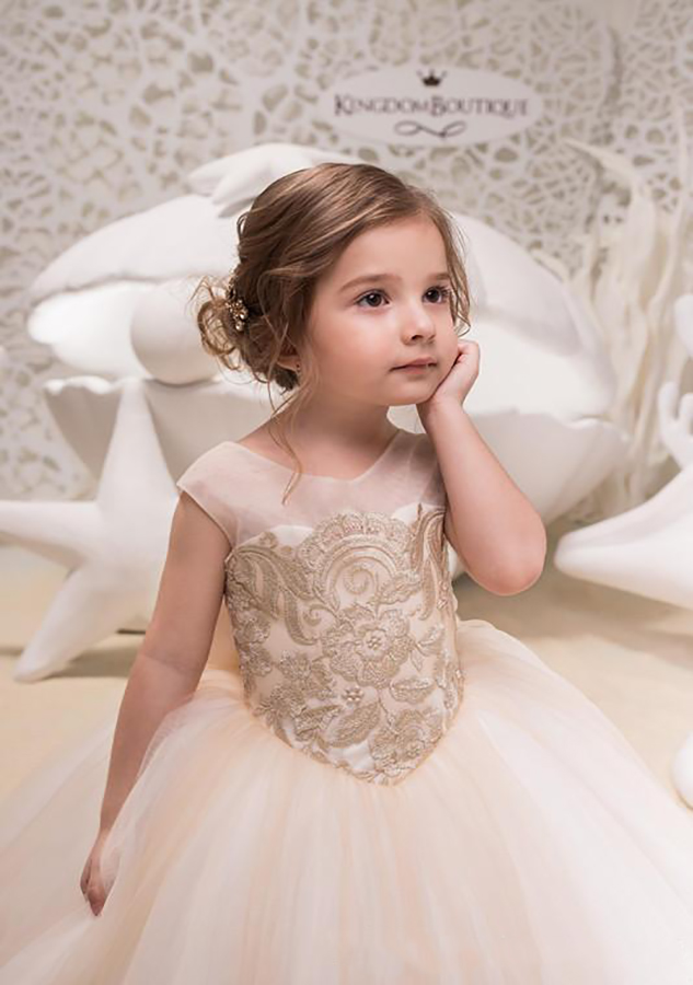 Princess Flower Girls' Dresses with Bow Backless Lace Applique Long Floor Communion Dress for Party