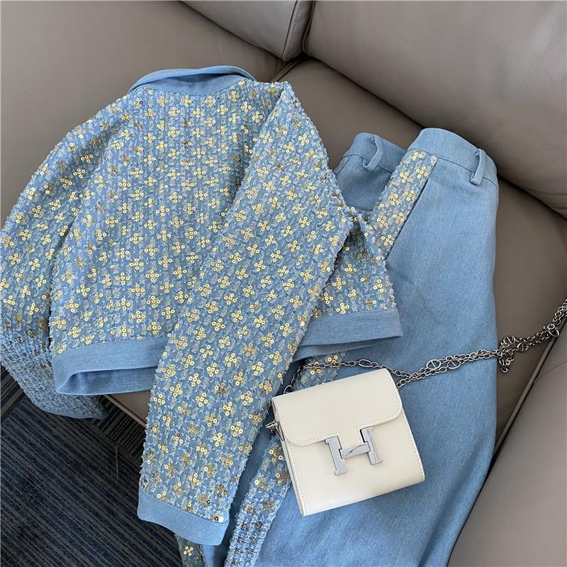 Women Suits: Sequined Embroidery Jacket with High Waist Wide Leg Trousers - Two Piece Denim Pants Set for Stylish Outfits C260312