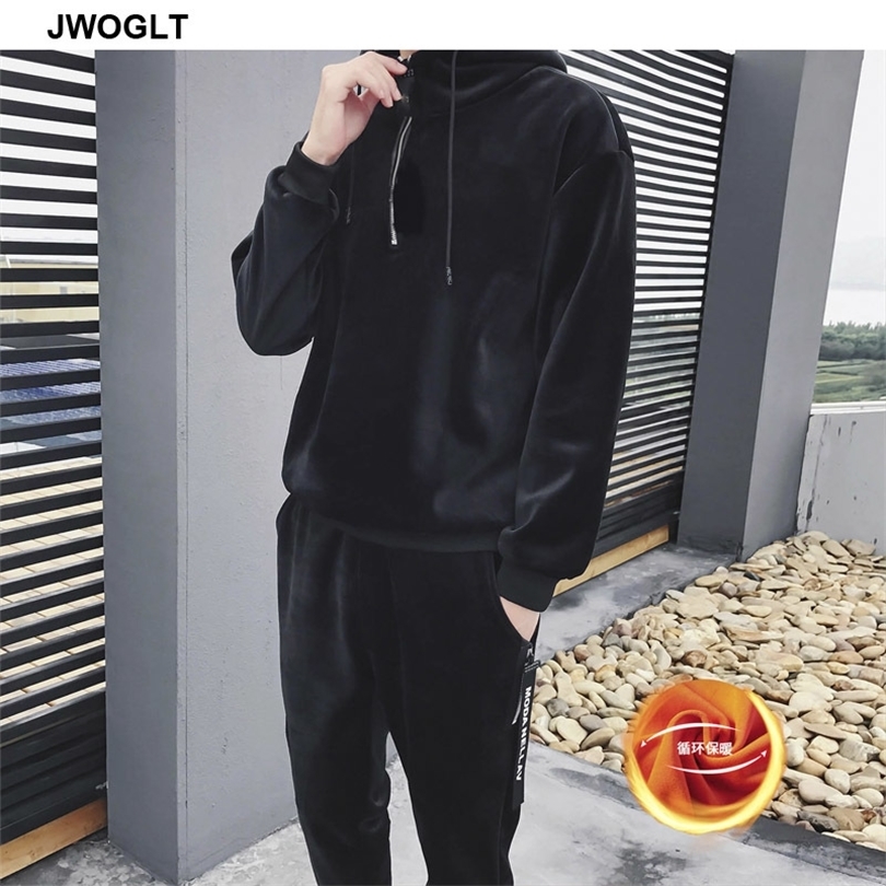Autumn Winter Soft Warm Men Velour Tracksuit Korean Fashion Gold Velvet Track Suit Hoody Hoodies and Jogger Pants 2Pieces Outfit 201210