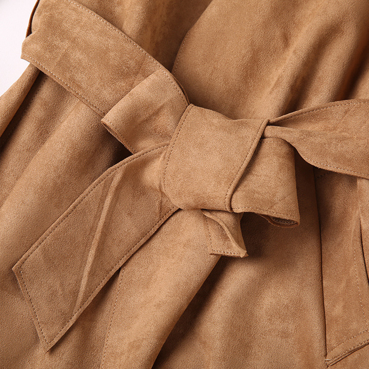 Autumn Winter Suede Women's Long Trench Coats Camel Sashes Windbreaker Coat Pink Armygreen Gray Outerwear 201102