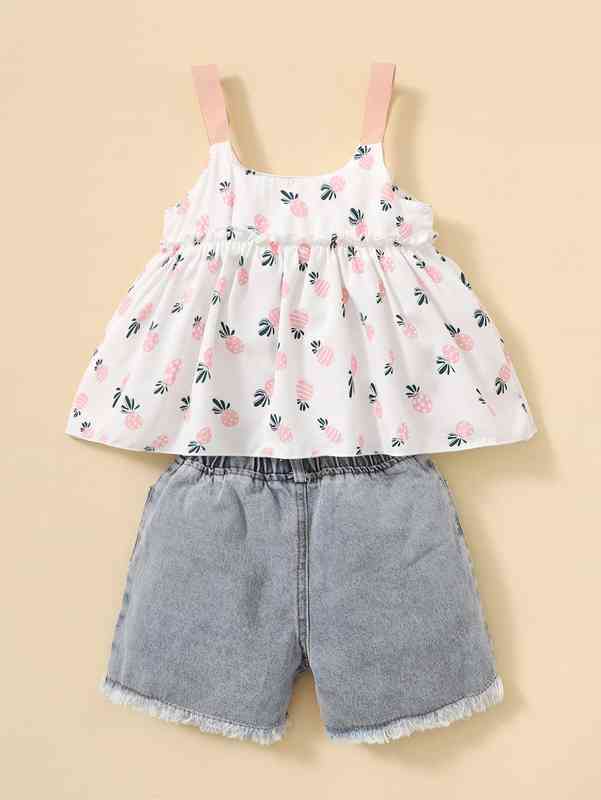 Baby Girl Cartoon Graphic Frill Trim Cami Top With Denim Shorts SHE