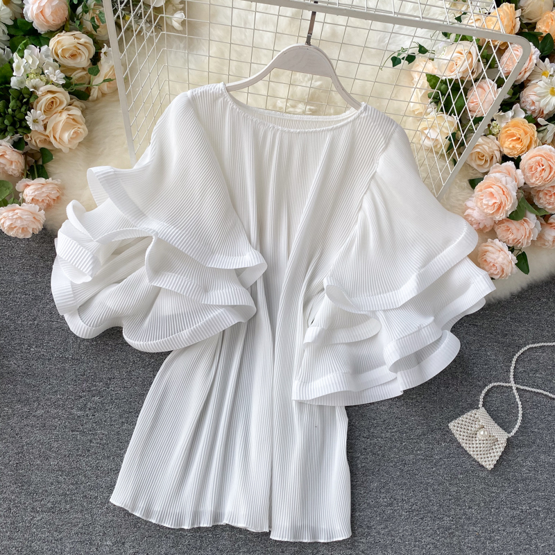 Neploe Chiffon Women Blouses Korean Pleated Causal Solid Shirts Summer 3D Flare Short Sleeve O-neck Blusas Feminimos 4B226 201201