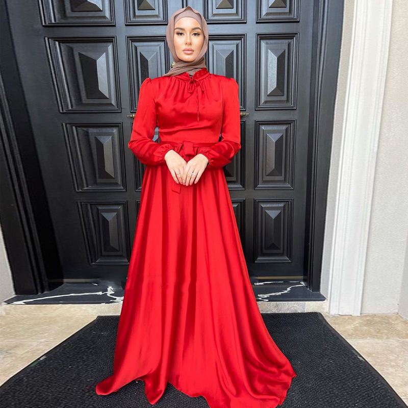 Solid Color Satin Long Dresses for Women Muslim New Fashion Saudi Turkey Robe Arabe Islam Clothing(The logistics price Pls Contact us)