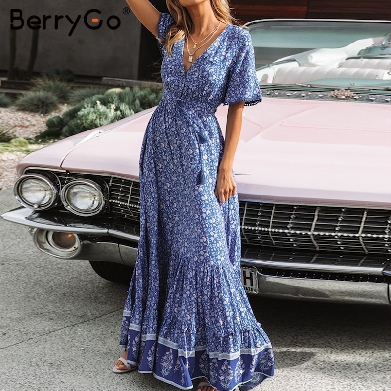 BerryGo women dresses Bohemian dresses print summer dress Short sleeve ruffled long maxi dress vneck drawstring ladies vestidos T200320