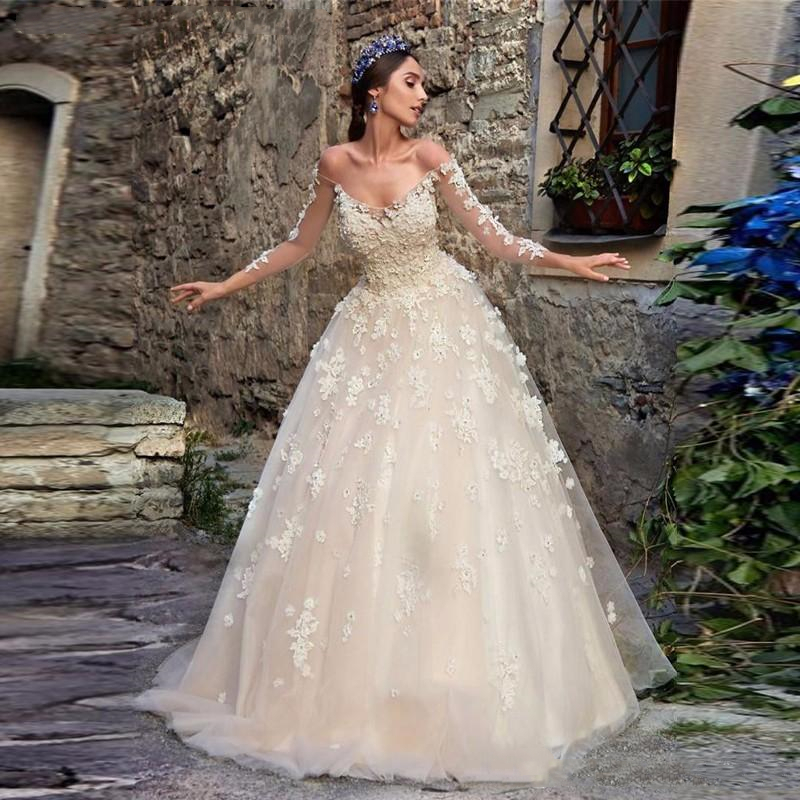 Romantic 2022 Spring Flowers Wedding Dresses Bridal Gowns Pretty A Line Lace Beaded Off Shoulder Long Sleeve Tulle Bride Formal Dress Back Buttons Ves