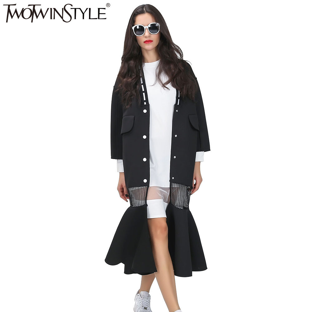 TWOTWINSTYLE Streetwear Long Trench Coat For Women Windbreaker Autumn Vneck Fishtail Hem Seethrough Grid Fashion 201030