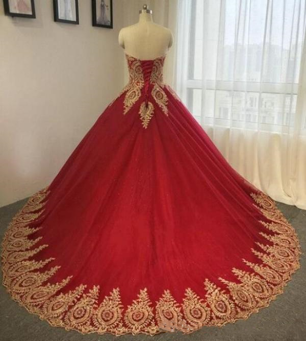 Gorgeous Dubai Red Ball Gown Wedding Dresses Appliqued Gold Lace Sweetheart Strapless Long Bridal Gowns Back Lace-up Plus Size Wedding Dress