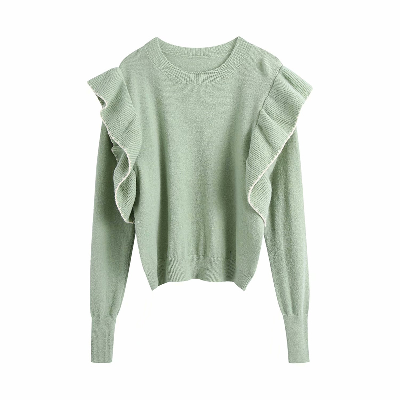 Fall Za Green Knitted Sweater Women Clothing Pullover Cropped Woman Sweaters Vintage Long Sleeve Ruffle Shoulder Ladies Top 201223