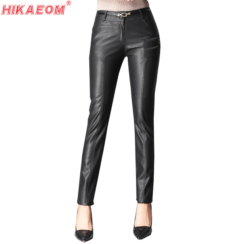 Spring Autumn Casual Leather Pants Women Hot Slim PU Leather Stylish Zipper Fashion Pencil Skinny Trousers For Woman With Belt 201111