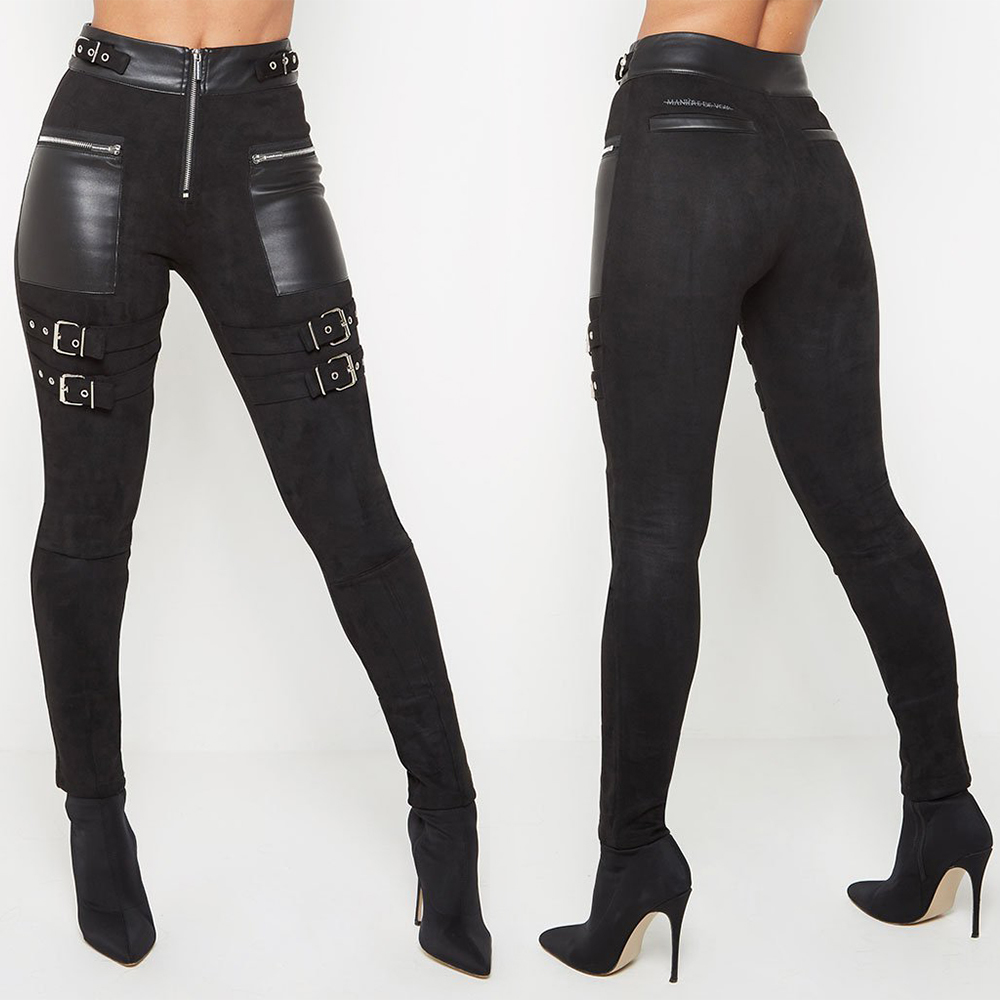 PU Leather Woman Pants Gothic Patchwork Pencil Pants Skinny Zipper High Waist Faux Leather Trousers Streetwear Motorcycle Pants 201228