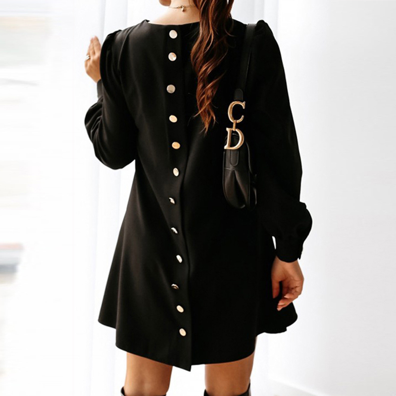 Elegant Women Metal Buttoned Mini Dress Casual Spring O Neck Party Dress Solid Autumn Female Long Sleeve A-Line Dresses Vestidos T200320