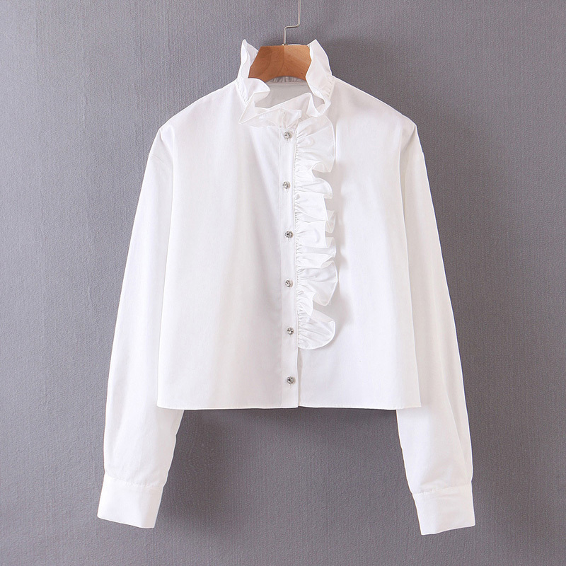 Elina Casual Artificial Gemstone Blouses Women Fashion Ruffled Cascading Shirts Women Elegant Solid White Tops Female Ladies AG T200321