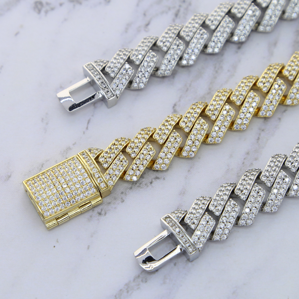 Wholesale Iced Out Men Hip Hop Bracelet 15mm Width Sparking Bling Two Row Cubic Zirconia Cuban Link Chain Hip Hop Men Boy Rock Bracelets